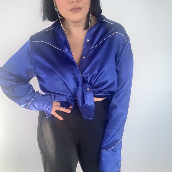 Vintage 80s Western Satin Slap Button Blouse S M L - Picture 7 of 8